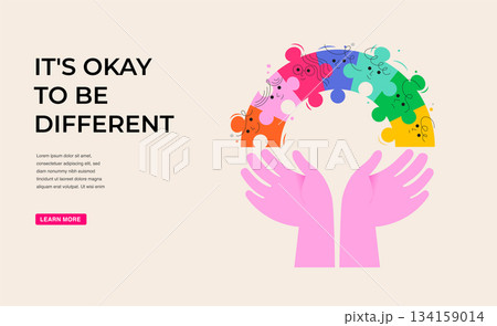 Hands holding rainbow made colorful puzzle pieces. Autism Awareness Day concept poster, banner Hands holding rainbow made colorful puzzle pieces. Autism Awareness Day concept poster, banner 134159014