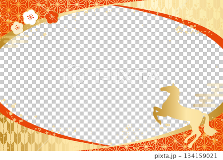 奢華日式圖案，馬年，梅花，弧形邊框，新年，新年賀卡，2026 134159021