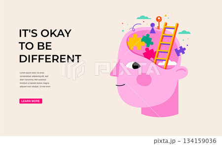 Child head with colorful puzzles, ladder, clouds icons. Autism Awareness Day concept design, banner 134159036