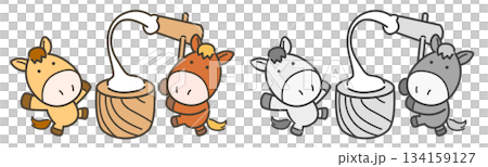 一套向量插圖，描繪了兩匹馬在舂米，適合馬年新年慶祝活動。 134159127