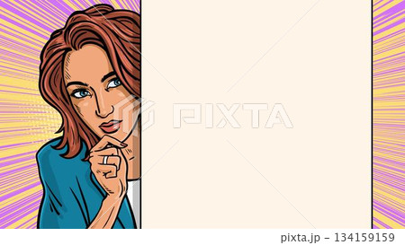 Pop art secret agent woman looking out with empty space for text Pop art secret agent woman looking out with empty space for text 134159159
