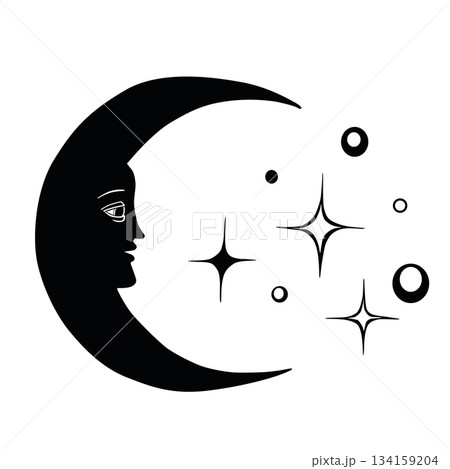 Elegant vector illustration of a crescent moon with a human face surrounded by sparkling stars. Minimalist celestial design perfect for astrology, night sky themes, mystic decor, and cosmic artwork 134159204