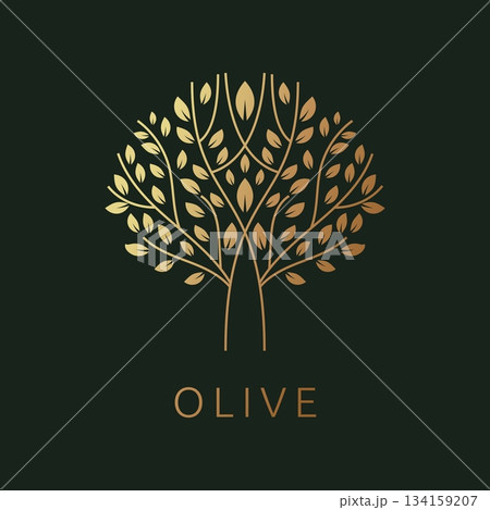 Olive tree logo. Golden plant in circle. Round gold logo for oil and Italian food. Decorative logotype. Farm ecological products. Organic herbal badge. Graphic silhouette. Vector isolated illustration 134159207