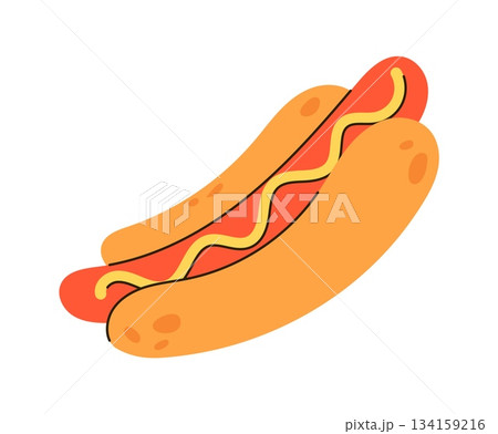 Food delivery. Hotdog order. Bread bun with sausage mustard sauce. Fastfood restaurant shipping. Takeaway junk meal eating. Tasty meat burger. American snack. Lunch sandwich. Vector isolated element 134159216