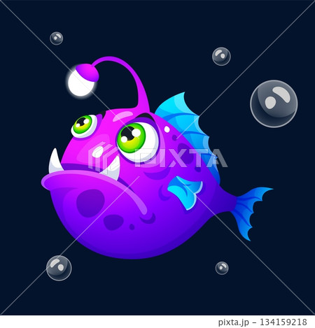 Cartoon angler fish. Underwater wildlife. Undersea animal. Ocean depth aquatic fauna. Anglerfish swimming with bubble. Saltwater inhabitant. Scary jaw teeth. Predator light. Vector marine character 134159218