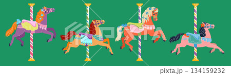 Retro carousel horse. Playful circus elements. Colorful fair design. Merry-go-round pony with pillar. Carnival event. Hand drawn for kids. Roundabout attraction. Doodle vintage stickers vector art set 134159232