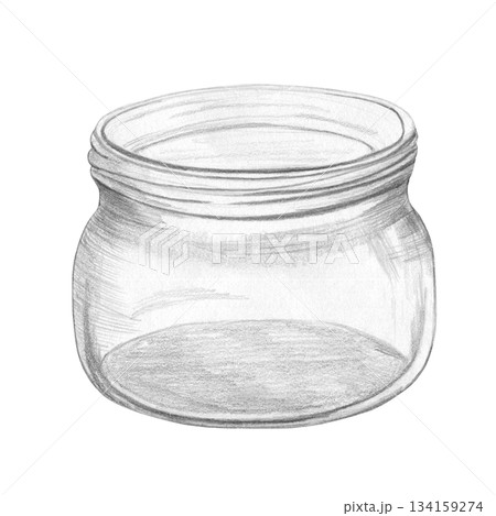 Simple graphite pencil drawing of an empty, transparent, open glass jar without lid on white background. Minimalist container hand drawn. Illustration for kitchen, craft, apothecary, vintage products 134159274