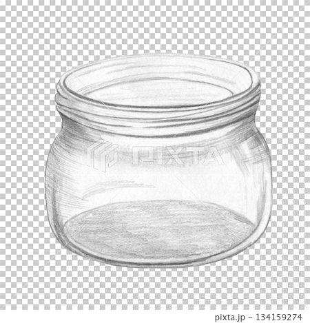 Simple graphite pencil drawing of an empty, transparent, open glass jar without lid on white background. Minimalist container hand drawn. Illustration for kitchen, craft, apothecary, vintage products 134159274