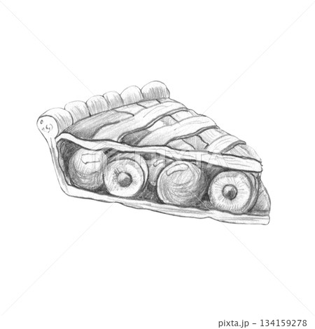 Simple graphite pencil sketch of rustic cherry pie slice from side view. Hand drawn, textured food illustration. Isolated on white background. For bakery menus, recipe blogs, culinary concepts 134159278