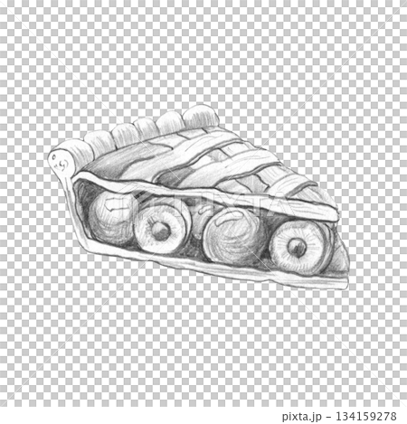 Simple graphite pencil sketch of rustic cherry pie slice from side view. Hand drawn, textured food illustration. Isolated on white background. For bakery menus, recipe blogs, culinary concepts 134159278