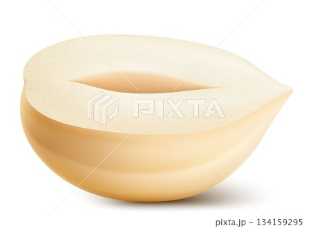 Half of shelled hazelnut isolated on a white background. Hazelnut in cross section. Hazelnut kernels are ripe and tasty, a healthy treat, a source of protein. Realistic 3d vector illustration. Half of shelled hazelnut isolated on a white background. Hazelnut in cross section. Hazelnut kernels are ripe and tasty, a healthy treat, a source of protein. Realistic 3d vector illustration. 134159295