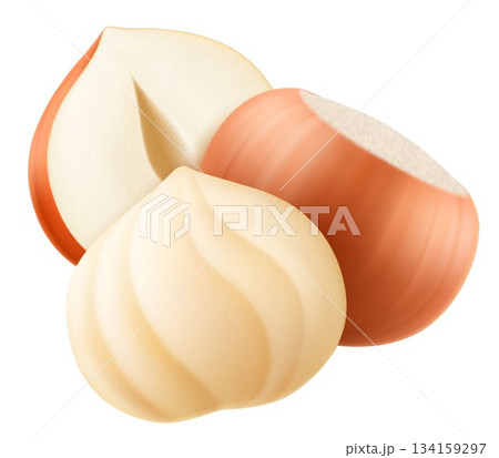 Set of realistic hazelnuts. Whole and half hazelnut isolated on white background. Peeled and unpeeled nuts. Hazelnut kernels are ripe and tasty, a source of protein. 3d vector illustration. 134159297