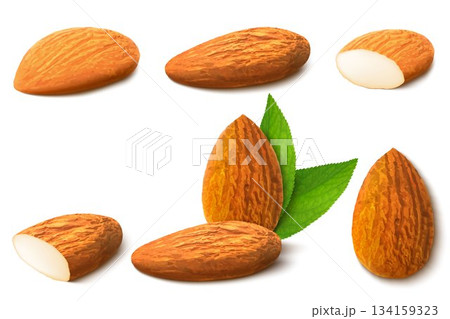 Almond nut composition, different statements. Whole and cracked nuts, hulled and raw kernels and green leaves. Good for labels and stickers, packaging design. Realistic 3d Vector illustration 134159323