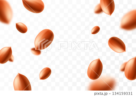 Falling peanuts, isolated on transparent background, selective focus. Flying peanut with blurry effect. Can be used for advertising, packaging, banner, poster. Realistic 3d vector illustration Falling peanuts, isolated on transparent background, selective focus. Flying peanut with blurry effect. Can be used for advertising, packaging, banner, poster. Realistic 3d vector illustration 134159331