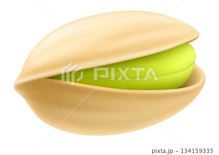 Realistic pistachios in 3d style. Roasted pistachios in shell isolated on white background. Natural organic food. Design element for nuts packaging, advertising, etc. Vector illustration. 134159335