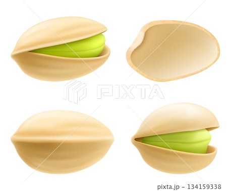 Set of realistic pistachios in 3d style. Pistachios in shell and without shell isolated on white background. Natural organic food. Design element for nuts packaging, advertising. Vector illustration. 134159338