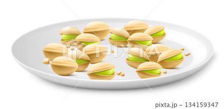 Pistachios on a white porcelain plate isolated on white background. Natural organic food. Realistic nuts. pistachio kernels are ripe and tasty, a source of protein. 3d vector illustration. Pistachios on a white porcelain plate isolated on white background. Natural organic food. Realistic nuts. pistachio kernels are ripe and tasty, a source of protein. 3d vector illustration. 134159347