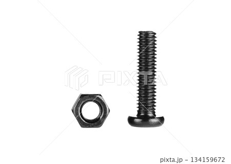 hex socket head screw with nut in black color on isolated white background hex socket head screw with nut in black color on isolated white background 134159672