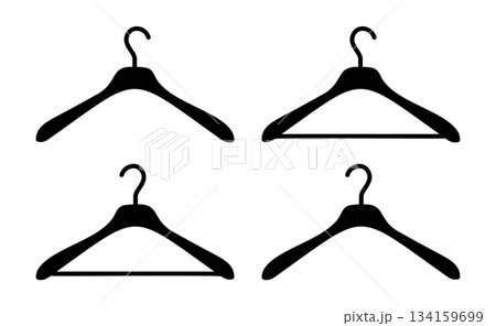 Hanger wardrobe icons set. Cloakroom black silhouette pictograms templates. Clothes rack, service symbol samples. Dry cleaning flat pattern, clothing store simple signs collection. 134159699
