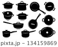 Pot and pan icon collection. Black dish silhouettes with a lids, saucepan, stock pan, saute pan. Vector illustration isolated on a white background 134159869