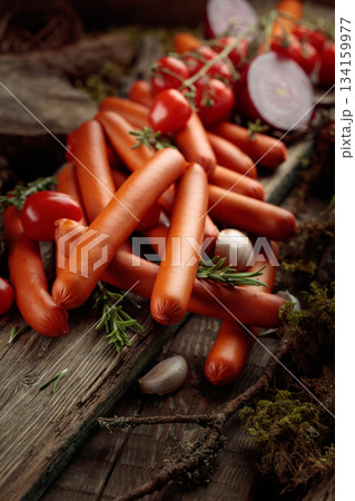 Smoked sausages with tomatoes, onion, garlic, and rosemary on an old board. Smoked sausages with tomatoes, onion, garlic, and rosemary on an old board. 134159977