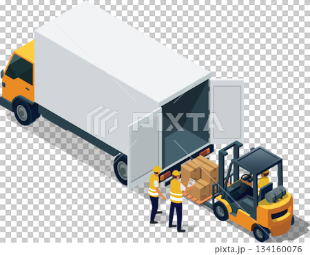 Forklift loading wooden boxes into container truck Forklift loading wooden boxes into container truck 134160076