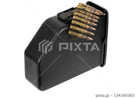 5.56 mm ammunition belt with cartridges in ammunition box 134160363