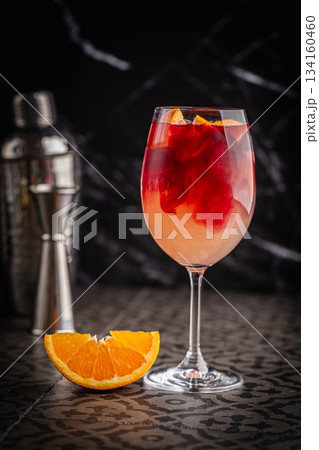 Glass of red wine spanish cocktail 134160460