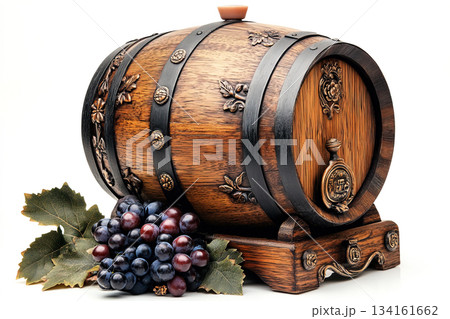 Antique oak wine barrel with grapes on a clean white background 134161662