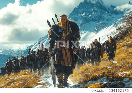 Vikings embark on a nature hike showcasing warriors with weapons under a bright sunny sky Vikings embark on a nature hike showcasing warriors with weapons under a bright sunny sky 134162176