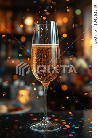 Glass of champagne on table with confetti is various colors and sizes, creating festive and celebratory atmosphere Glass of champagne on table with confetti is various colors and sizes, creating festive and celebratory atmosphere 134162549