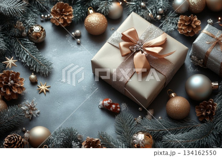 Blue background with Christmas frame of pine needles, gifts and pine cones with copy space Blue background with Christmas frame of pine needles, gifts and pine cones with copy space 134162550