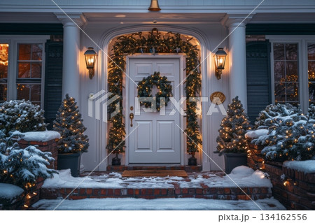 White door with wreath is surrounded by Christmas trees and brick walkway White door with wreath is surrounded by Christmas trees and brick walkway 134162556