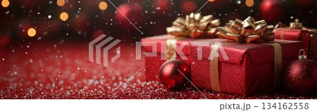 Red Christmas gift box with gold bow on top of it is placed on background with copy space Red Christmas gift box with gold bow on top of it is placed on background with copy space 134162558