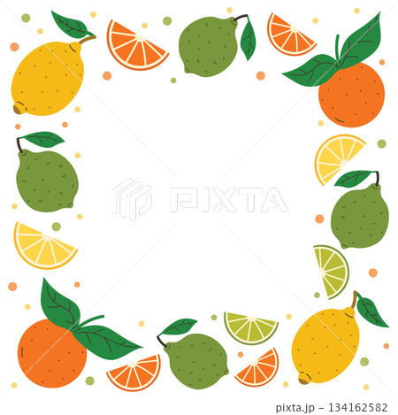 Colorful square citrus fruit frame with lemon, orange, lime slices, green leaves and small dot elements. Colorful square citrus fruit frame with lemon, orange, lime slices, green leaves and small dot elements. 134162582