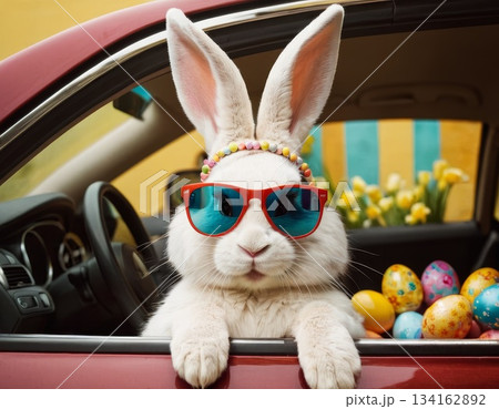 A stylish Easter bunny in sunglasses peeks from a car packed with colorful eggs. 134162892