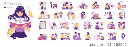 Education-themed vector illustration shows diverse students engaged in various learning activities. Scenes include reading, problem-solving, teaching, and exams, illustrating educational concepts. 134162942