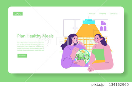 Colorful vector illustration of two friends happily discussing healthy meal plans. They are surrounded by kitchen elements, symbolizing a focus on nutrition and wellness. 134162960