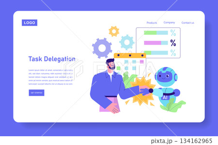 Vector illustration showing a business person shaking hands with a friendly AI robot, symbolizing collaboration in task delegation. Colorful elements enhance the futuristic theme. Vector illustration showing a business person shaking hands with a friendly AI robot, symbolizing collaboration in task delegation. Colorful elements enhance the futuristic theme. 134162965
