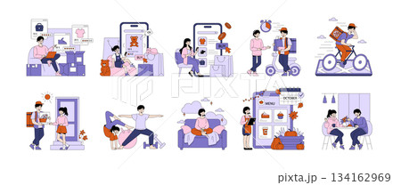 Vector illustration set depicting scenes of online shopping, delivery, fitness at home, and social dining. Emphasizes modern lifestyle activities with vibrant, engaging characters. Vector illustration set depicting scenes of online shopping, delivery, fitness at home, and social dining. Emphasizes modern lifestyle activities with vibrant, engaging characters. 134162969