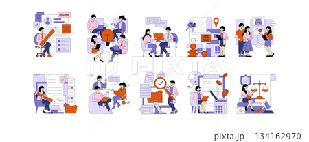 Vector illustration set depicting diverse office activities such as resume writing, teamwork, virtual meetings, real estate discussions, and financial planning. Characters engage in various tasks 134162970