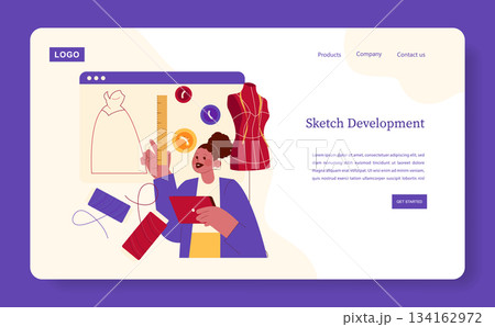 Fashion designer actively sketches a dress on a tablet, surrounded by sewing tools and mannequins, illustrating creativity in apparel design. Vector illustration for design projects. Fashion designer actively sketches a dress on a tablet, surrounded by sewing tools and mannequins, illustrating creativity in apparel design. Vector illustration for design projects. 134162972