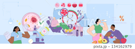 Vector illustration depicting a diverse group engaging in scientific nutrition and health analysis. Includes cells, DNA, and nutrient breakdown, highlighting concepts of wellness and diet. Vector illustration depicting a diverse group engaging in scientific nutrition and health analysis. Includes cells, DNA, and nutrient breakdown, highlighting concepts of wellness and diet. 134162979