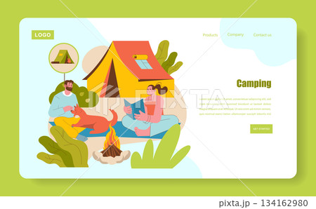 Family enjoys camping by a cozy campfire near a tent, engaging in reading and petting a dog, surrounded by nature. A peaceful adventure set in a natural environment. Vector illustration. Family enjoys camping by a cozy campfire near a tent, engaging in reading and petting a dog, surrounded by nature. A peaceful adventure set in a natural environment. Vector illustration. 134162980