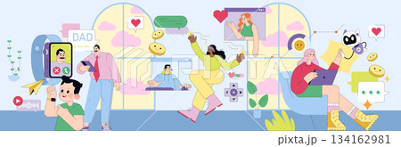 Vector illustration of diverse individuals engaged in various virtual interactions. Activities include video calls, gaming, social media, and using wearable technology, reflecting modern communication Vector illustration of diverse individuals engaged in various virtual interactions. Activities include video calls, gaming, social media, and using wearable technology, reflecting modern communication 134162981