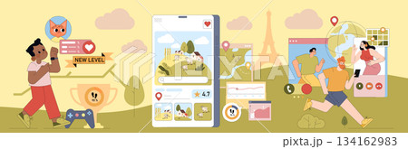 Vector illustration depicting individuals engaging with digital devices to achieve gaming milestones and connect globally. Diverse settings include virtual landscapes and social elements. 134162983