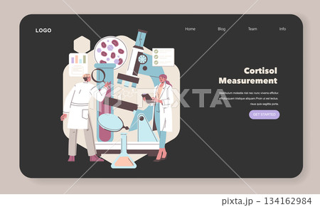 Scientists in lab coats use advanced equipment to analyze cortisol levels for research. The vector illustration features a detailed lab scene with microscopes and lab flasks. Scientists in lab coats use advanced equipment to analyze cortisol levels for research. The vector illustration features a detailed lab scene with microscopes and lab flasks. 134162984