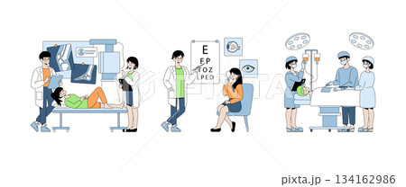 Medical professionals perform diagnostic assessments and surgery in this vector illustration. Scenes display an X-ray consultation, vision test, and operating room procedure. 134162986