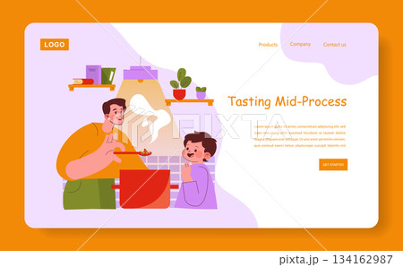 Father and child enjoy cooking in the kitchen, showing excitement and joy while tasting the dish. This friendly vector illustration captures the warmth of shared culinary moments. 134162987
