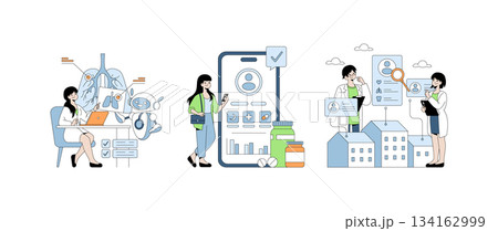 Healthcare professionals using digital devices and applications for medical data analysis and management. Vector illustration showcasing technology integration in healthcare settings. Healthcare professionals using digital devices and applications for medical data analysis and management. Vector illustration showcasing technology integration in healthcare settings. 134162999